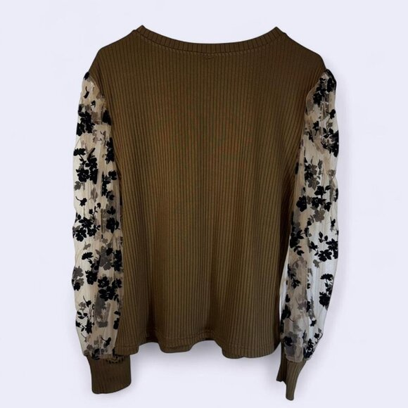 Shein Curve 3 Xl Brown Ribbed Blouse Sheer Sleeves - Picture 3 of 4